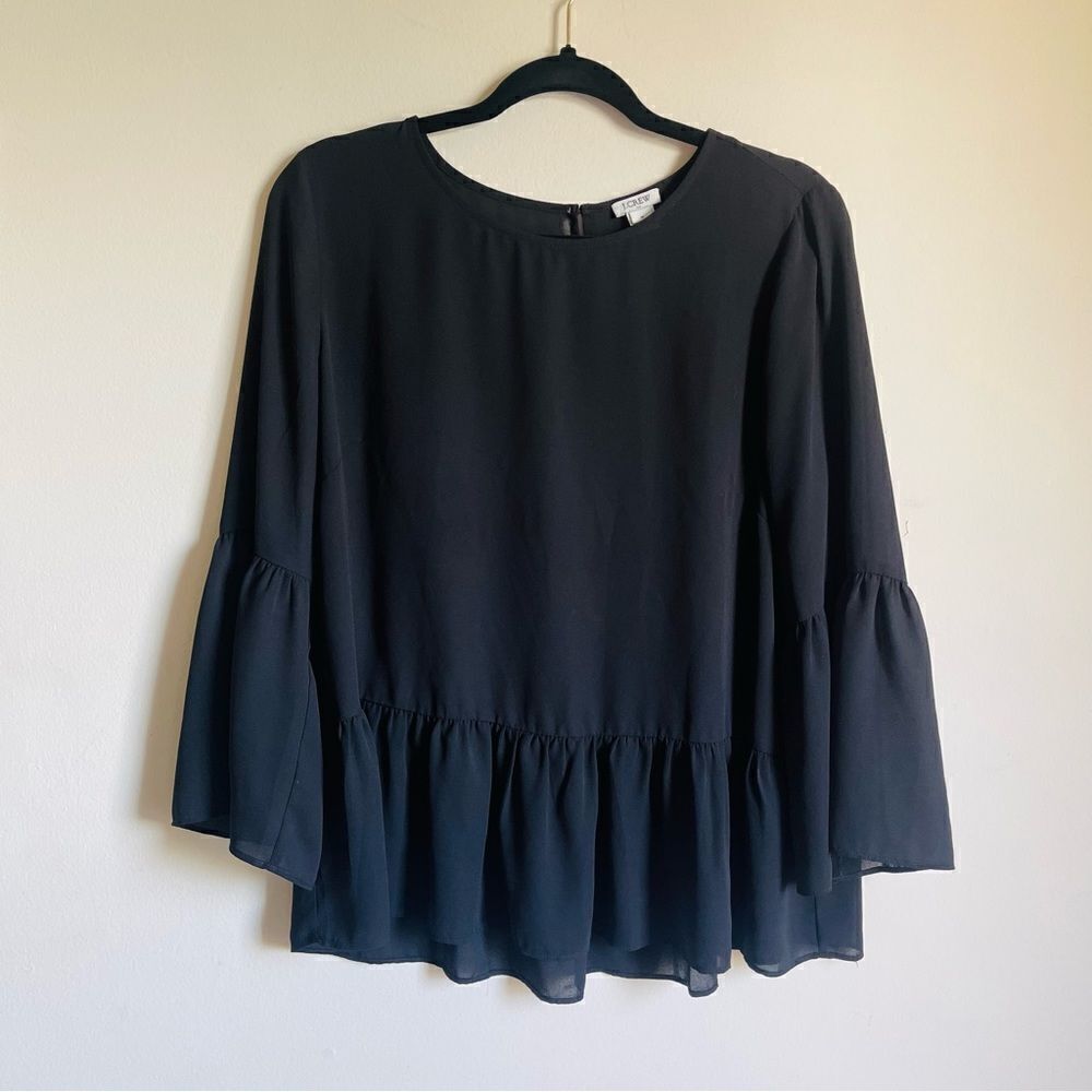 J. CREW Black Bell Sleeve Chiffon Peplum Top Medium